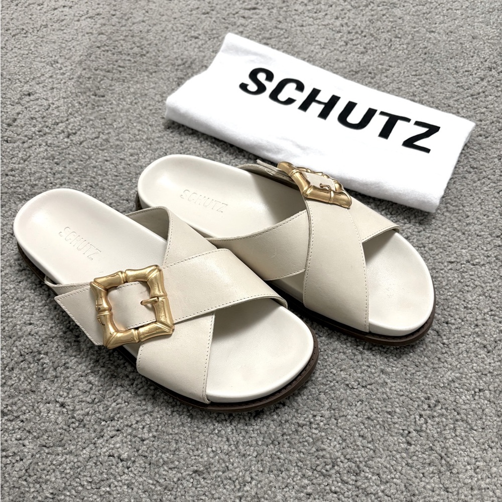 Schutz Enola Crisscross Buckle Leather Sandals White Gold buckle slides Size 7.5 - Picture 3 of 11